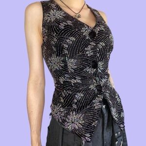 VINTAGE 1990s Mayvens Black & Iridescent Velvet Goth Corset Vest